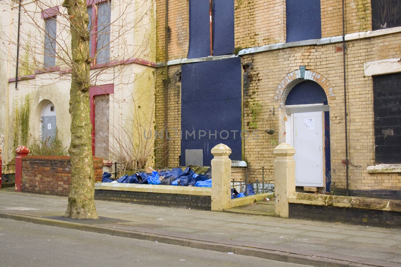 Row of derelict abandoned houses