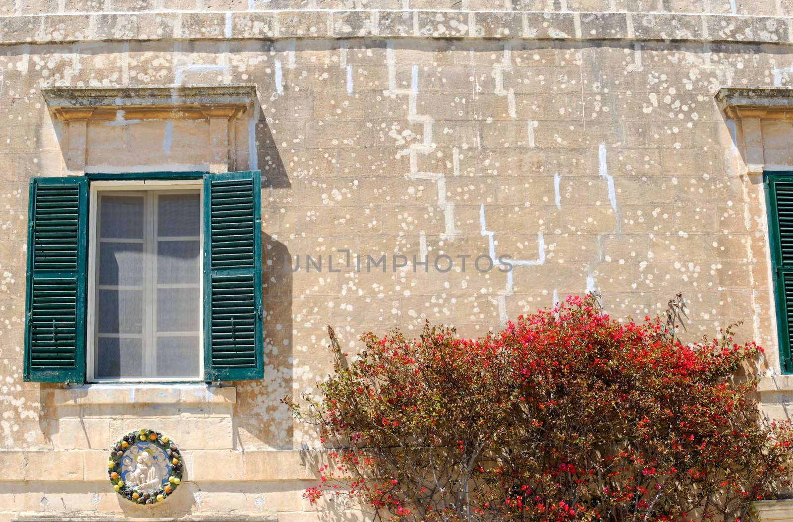 Sandstone wall with red flowers and a window with green shutters in Mdina, Malta.
