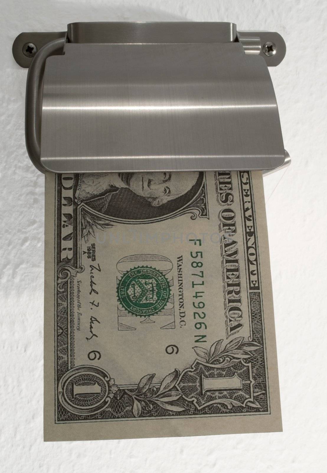 Toilet roll holder with dollar note visible on white ingrain wallpaper