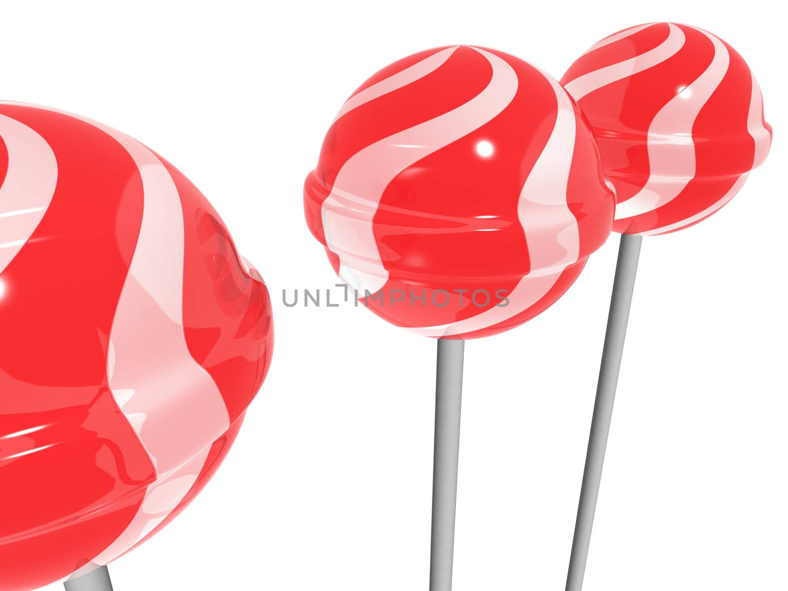 3d rendering of three red and white lollipop on a white background