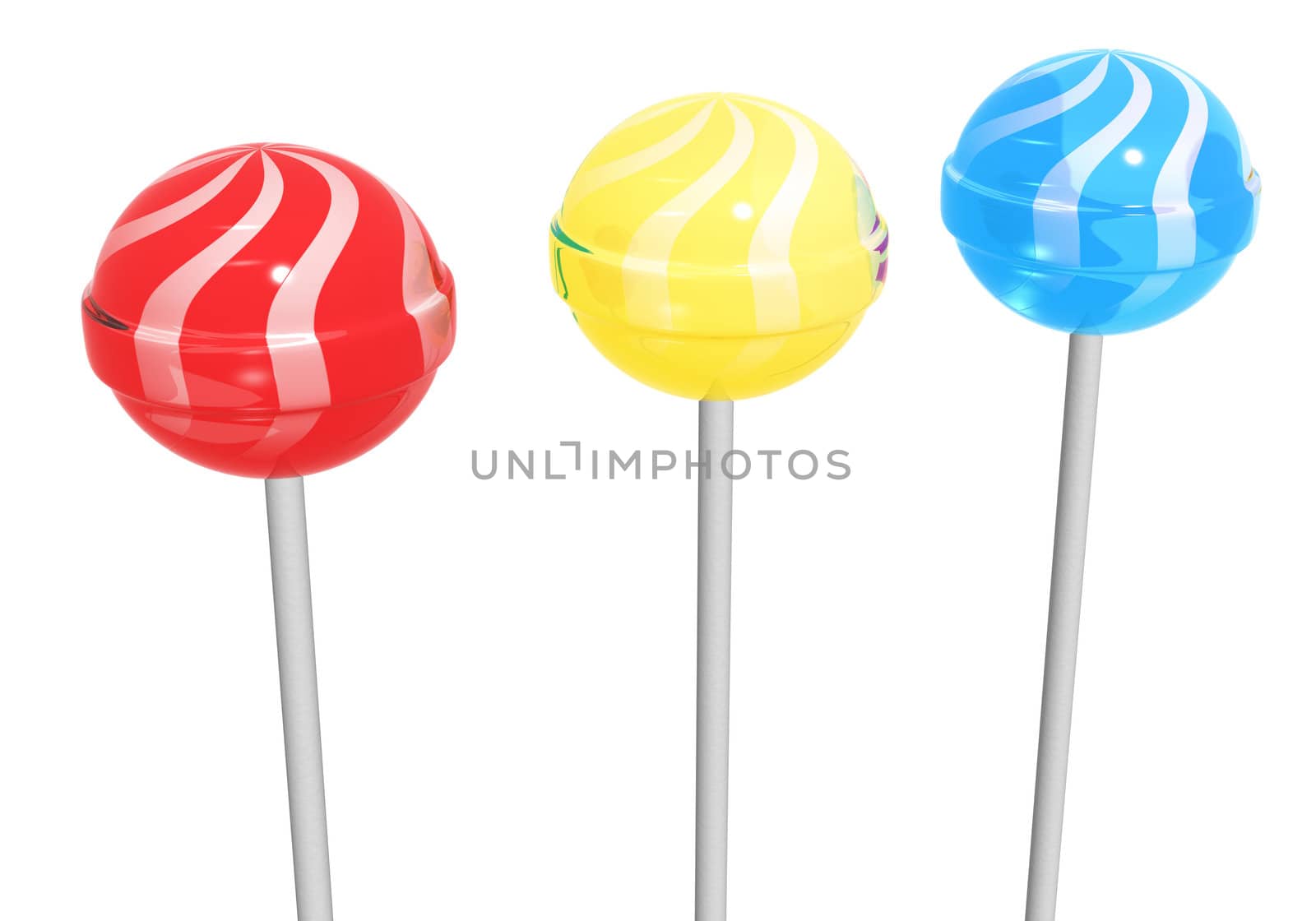 3d rendering of three different color lollipops on a white background