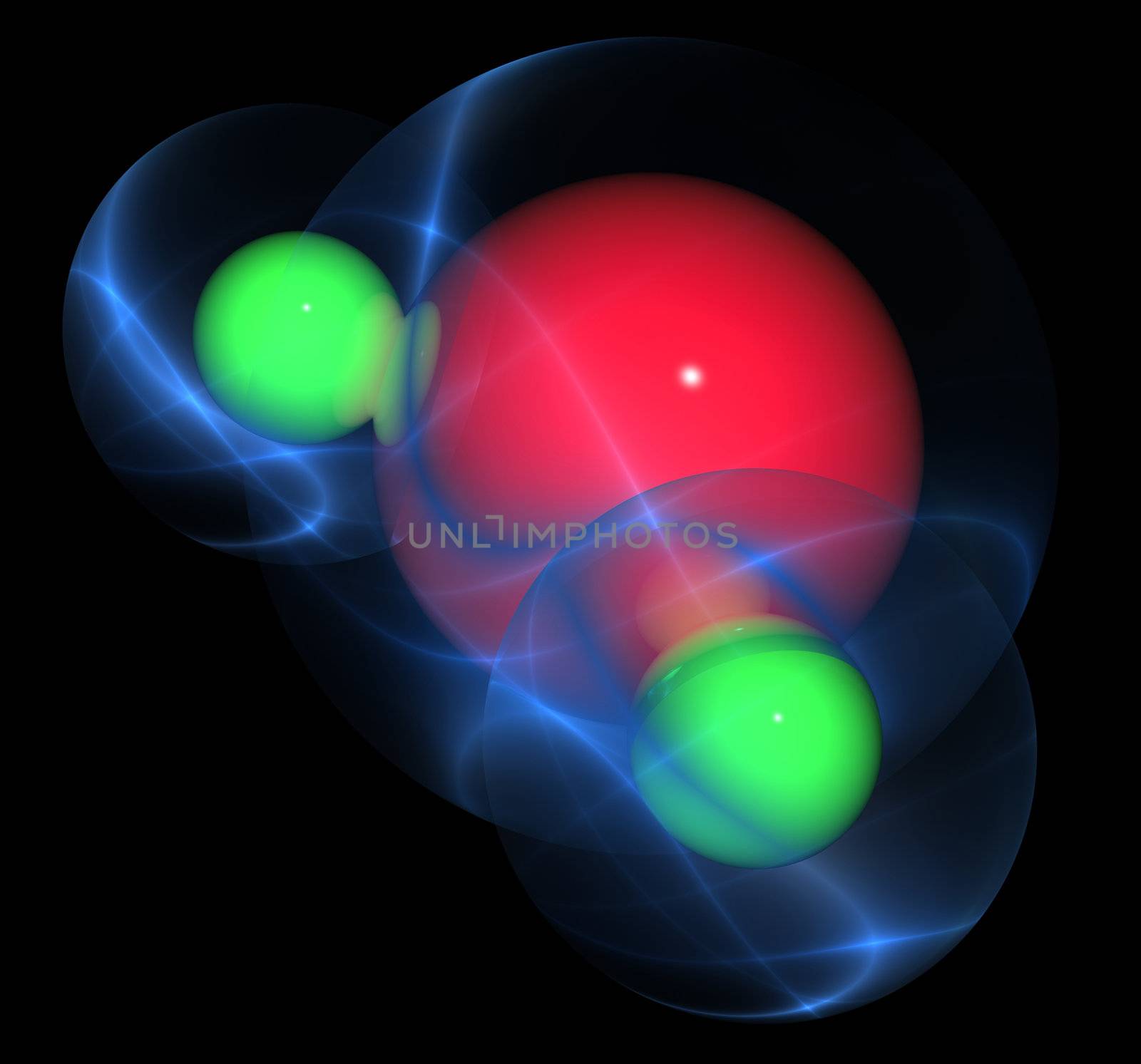 3D render of a water molecule using reflective and translucid material