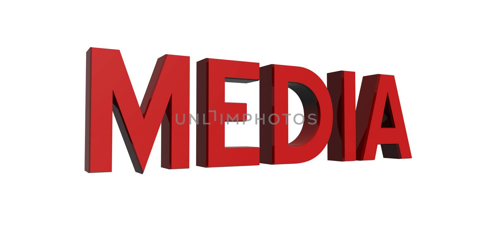 3D render of reflective red text on a white background, media