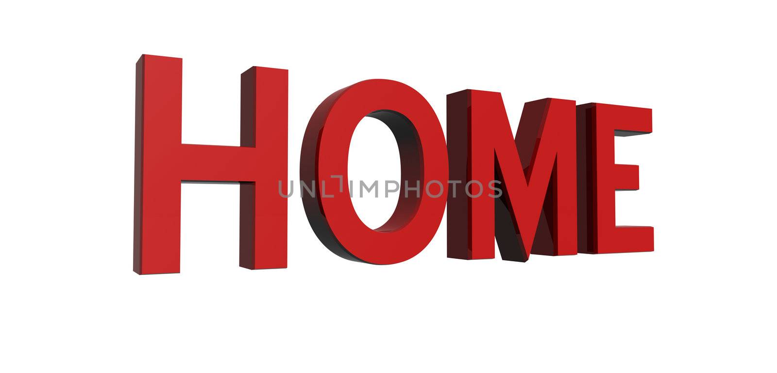 3D render of reflective red text on a white background, home
