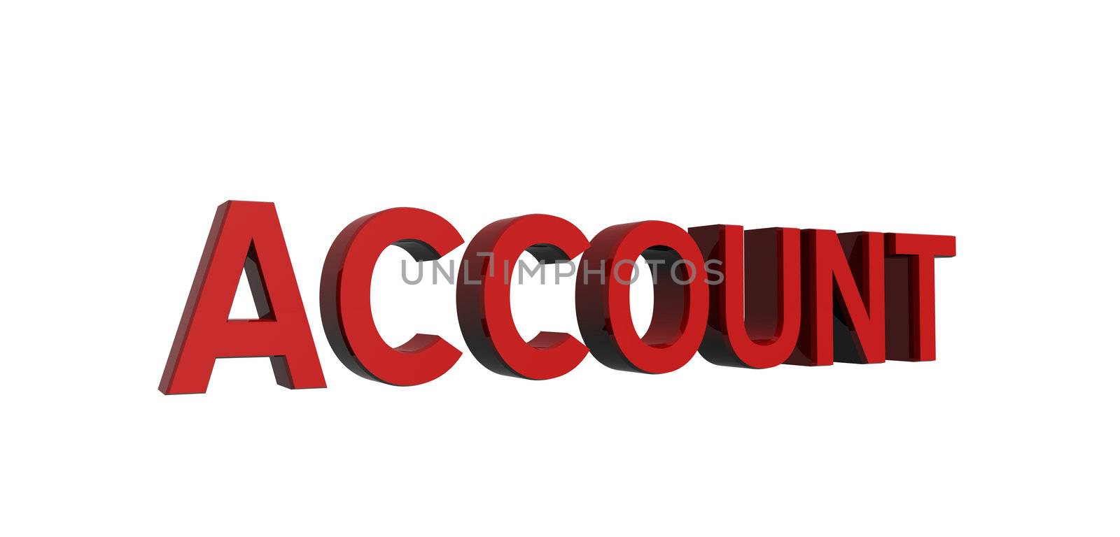 3D render of reflective red text on a white background, account