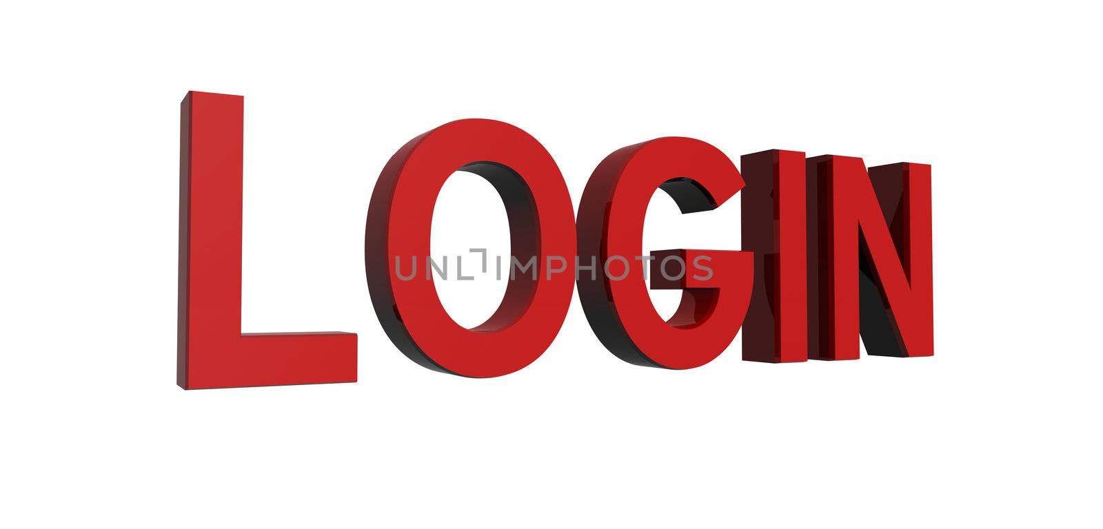 3D render of reflective red text on a white background, login