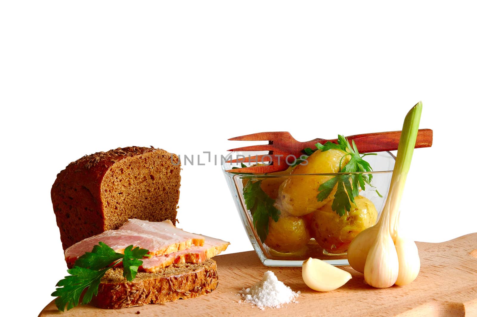 Isolated on white composition of bread, boiled potatos, bacon and other food ingredients
