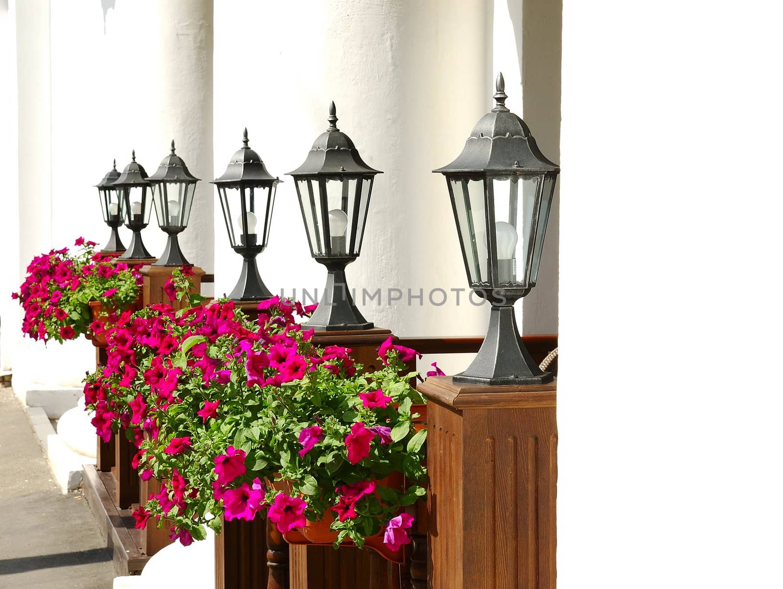 Row of black street lamps against the white columns
