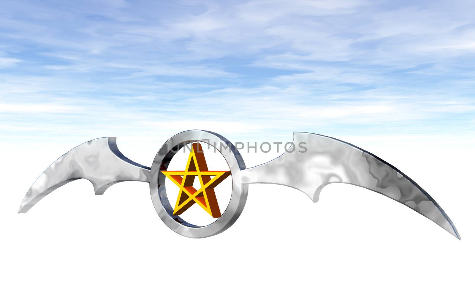 ring with batwings and pentagram logo - 3d illustration