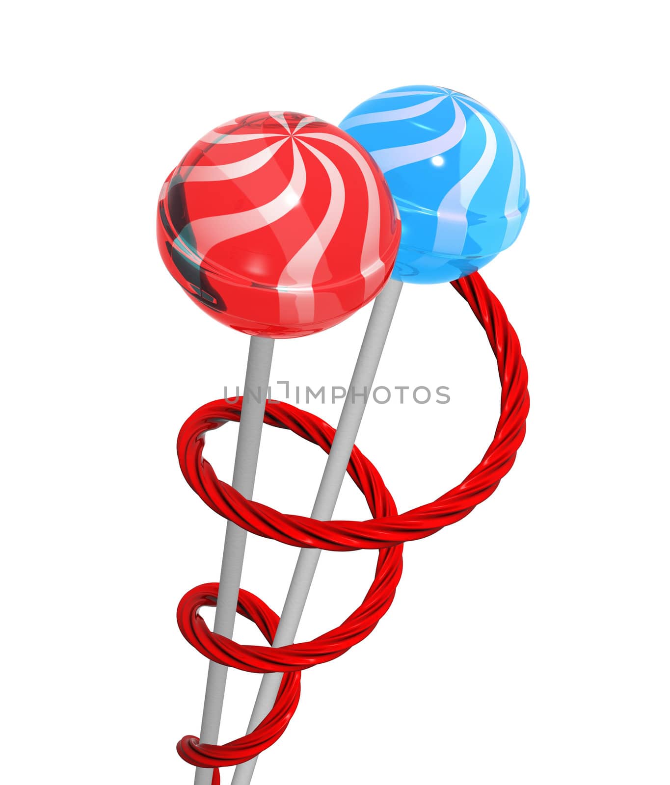 two lollipops wrapped with a red liquorice, on a white background