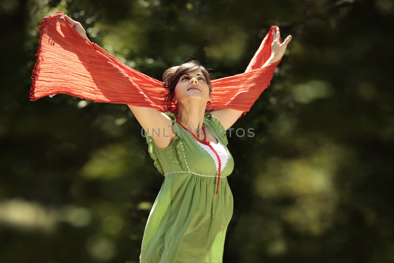 young beautiful pregnant woman with the hands up in the air in nature