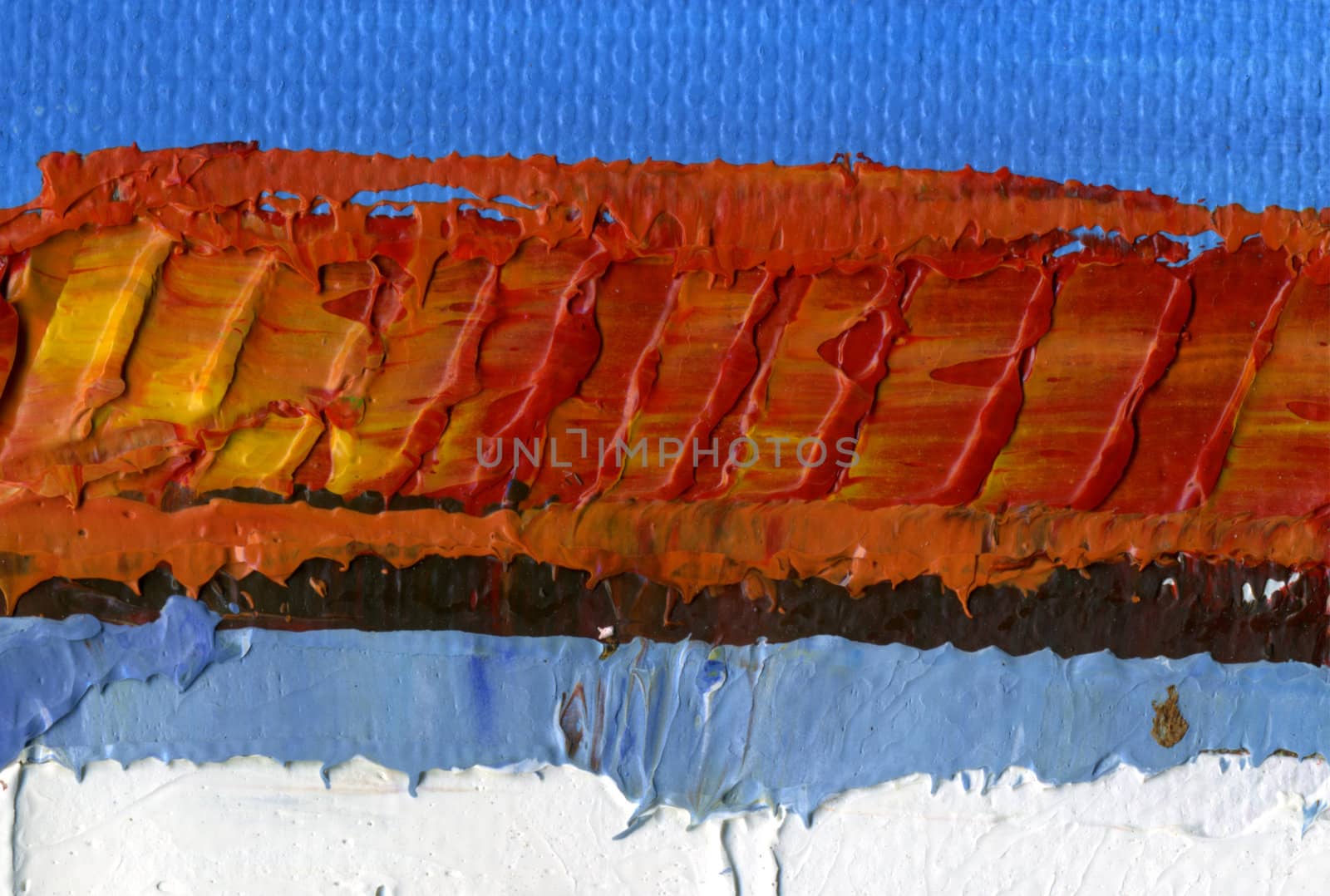 An abstract row of slanted orange lines, painted in oil.
