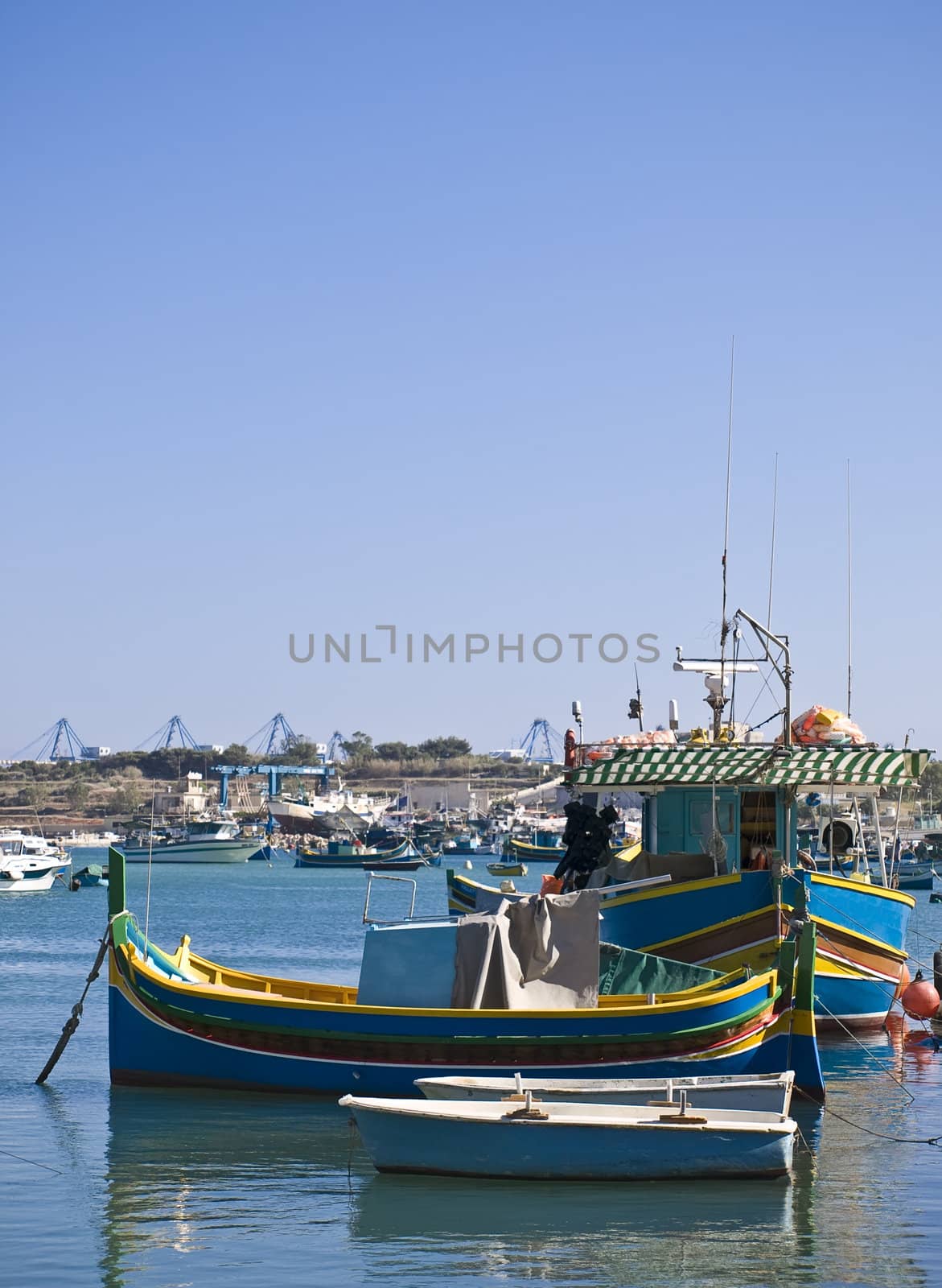 Traditional fishing boats of Malta in the fishing village of Marsaxlokk