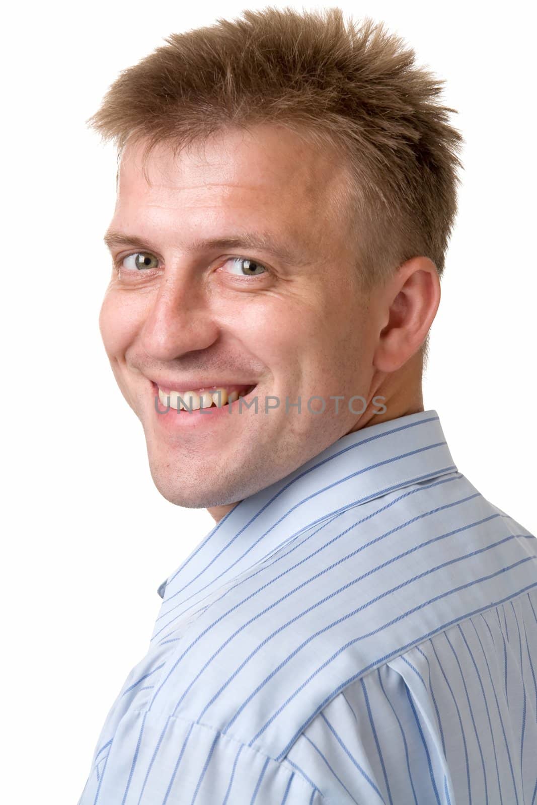 young smiling man on a white background.