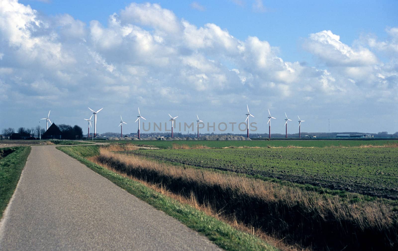 Windfarms dot the landscape in the Netherlands.