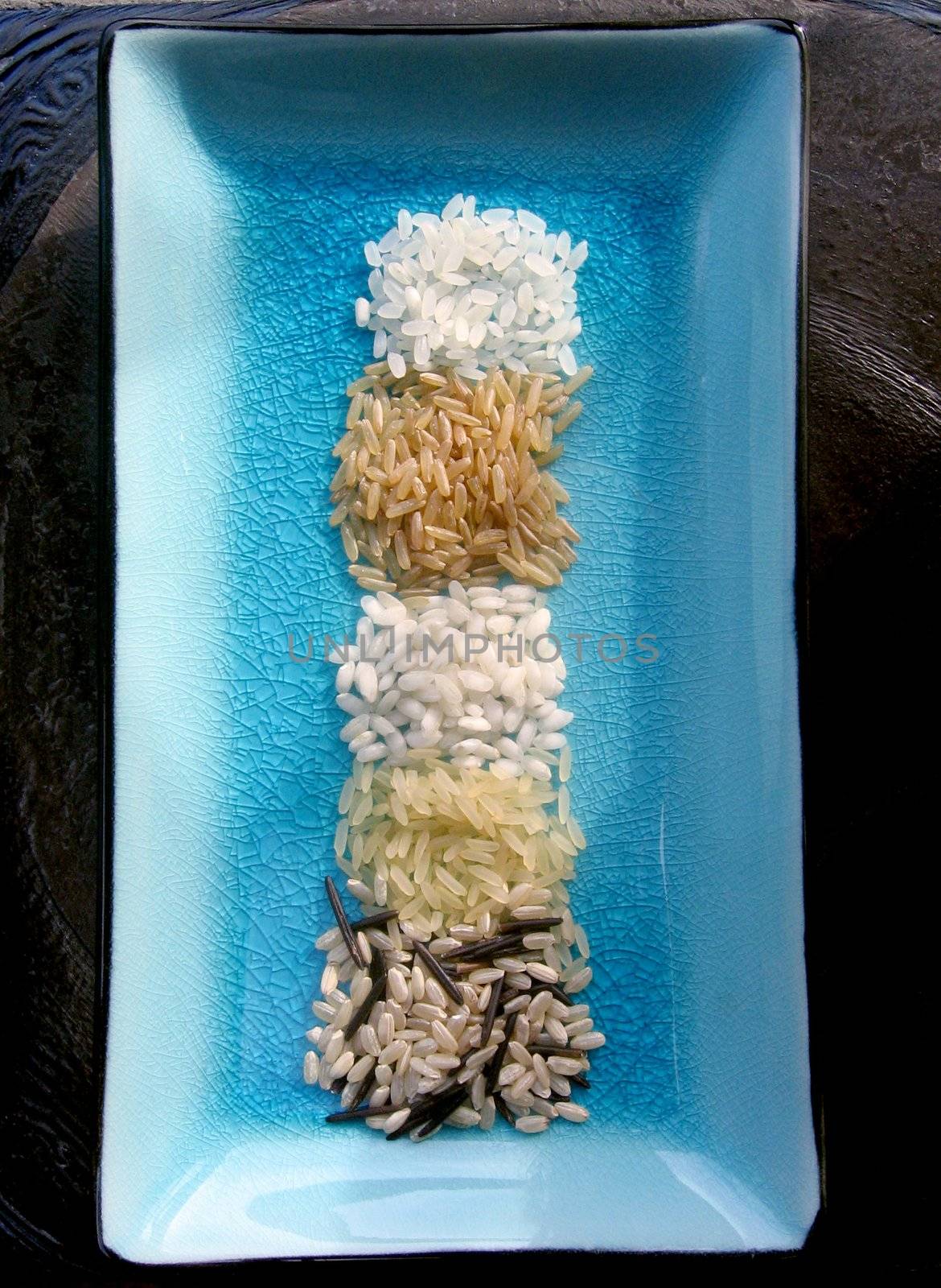 Different kinds of rice on a plate - sushi, wild, long grain, arborro, and brown