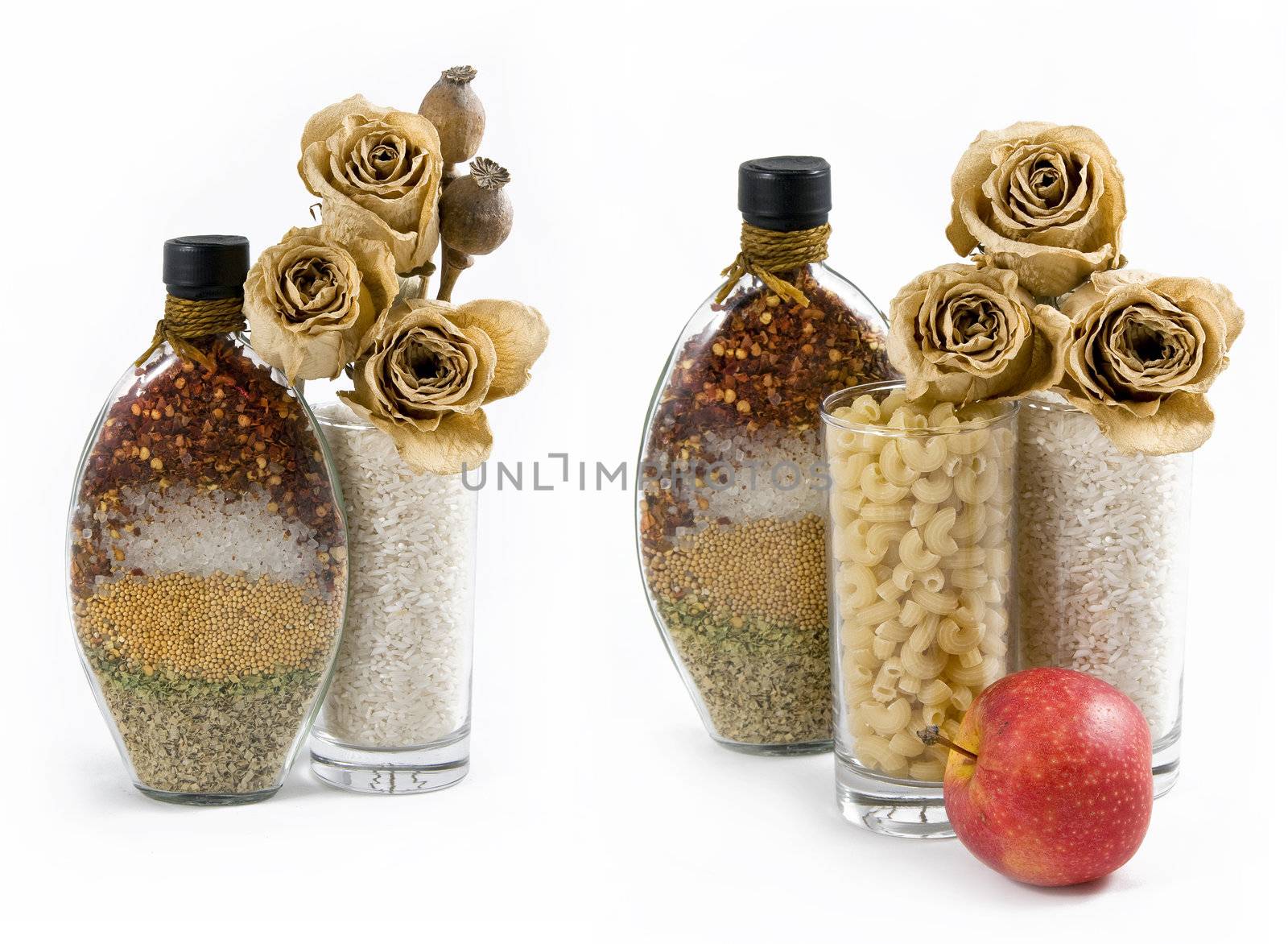 beautiful kitchen still life and dry flowers, isolated on a white background