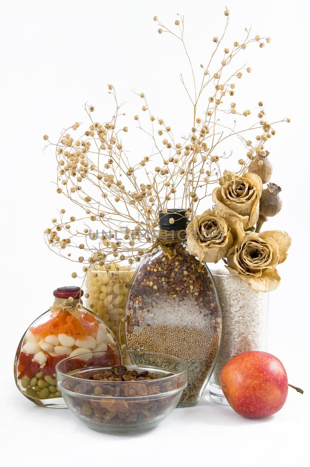 beautiful kitchen still life and dry flowers, isolated on a white background