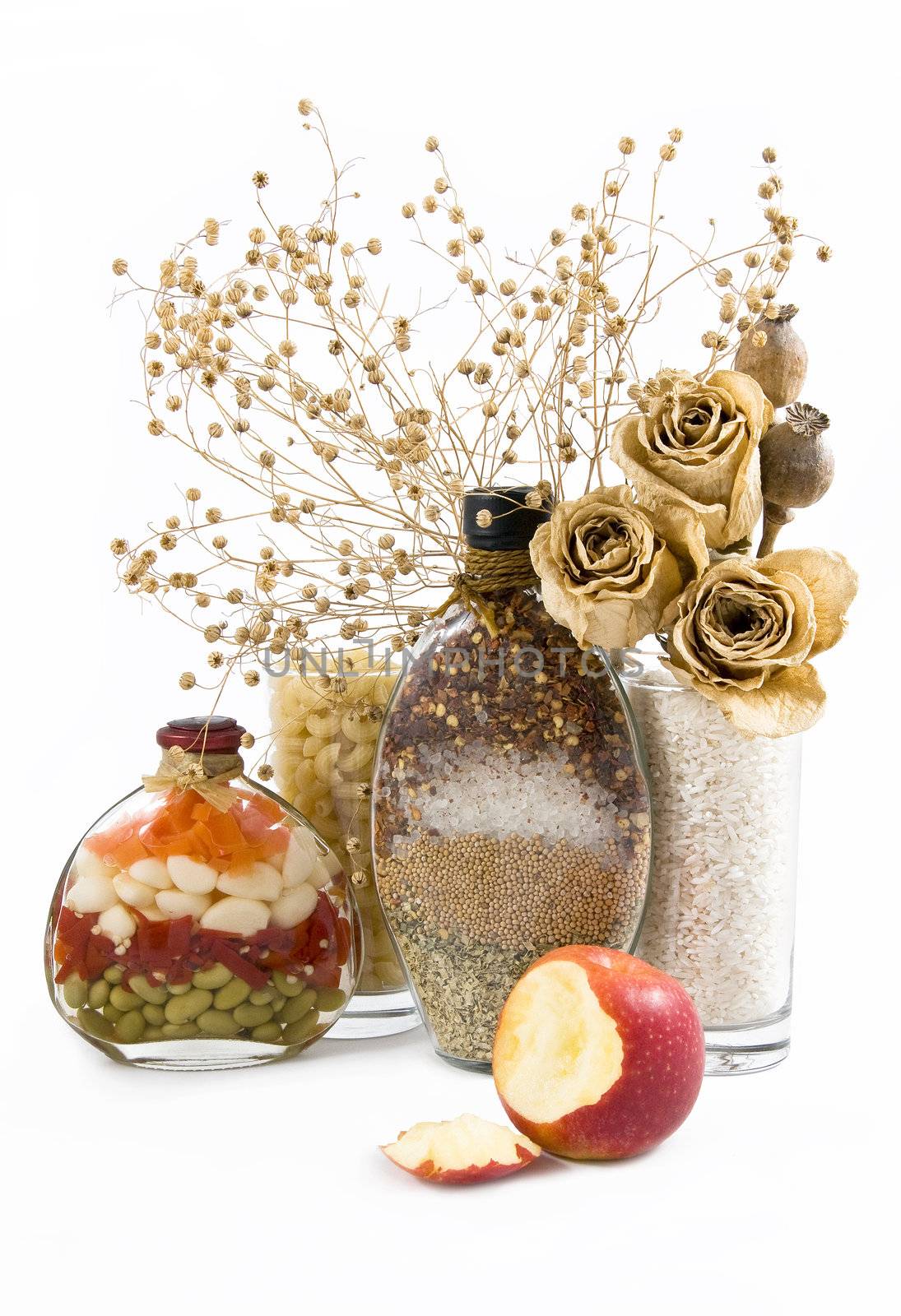 beautiful kitchen still life and dry flowers, isolated on a white background