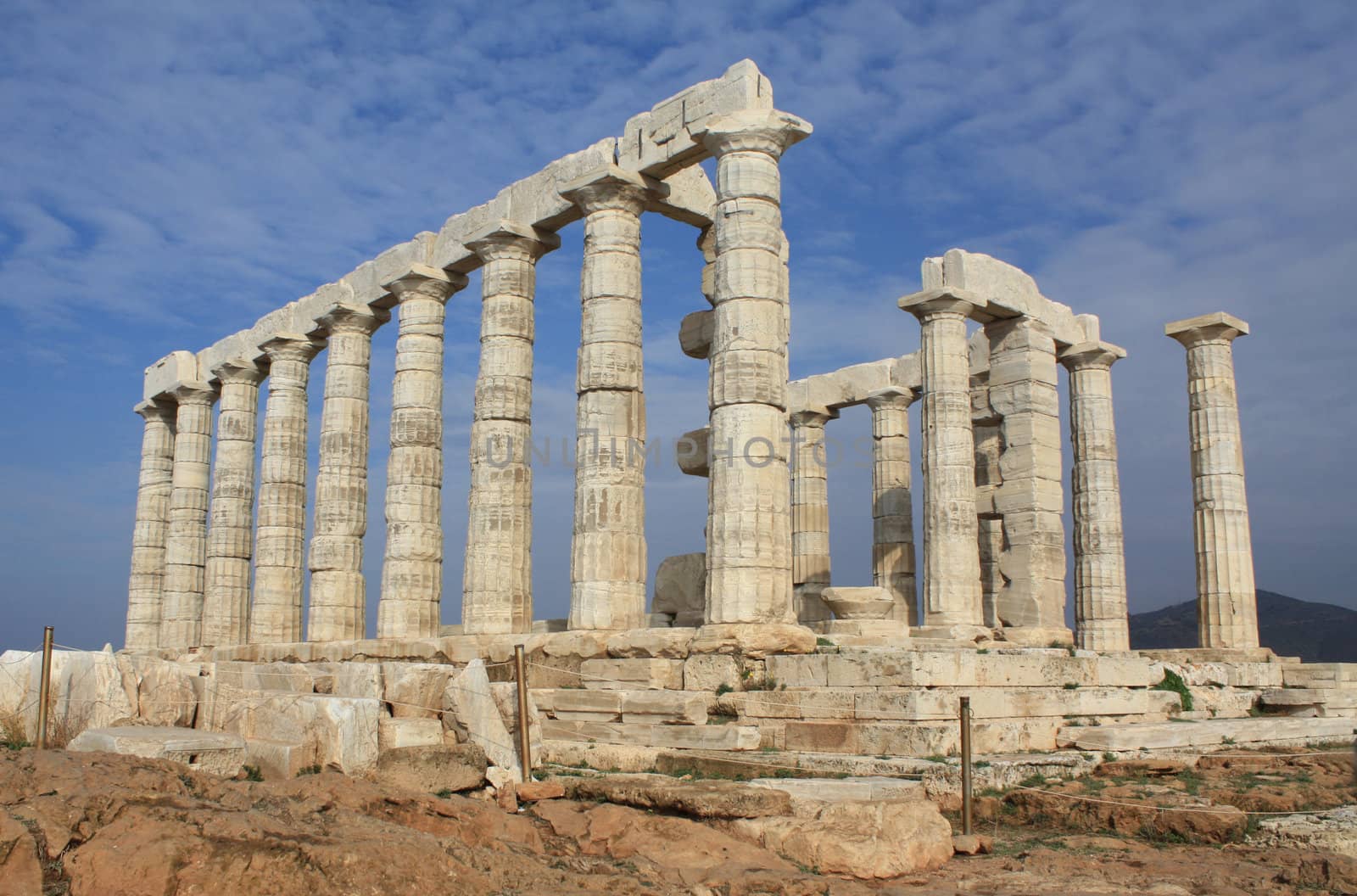 Ruins of the Temple of Poseidon, god of the sea in ancient Greek mythology, at Cape Sounion near Athens, Greece.