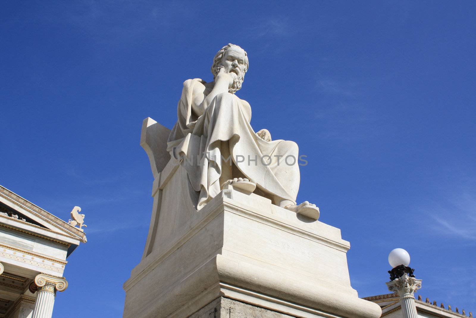 Neoclassical statue of ancient Greek philosopher, Socrates, outside Academy of Athens in Greece.