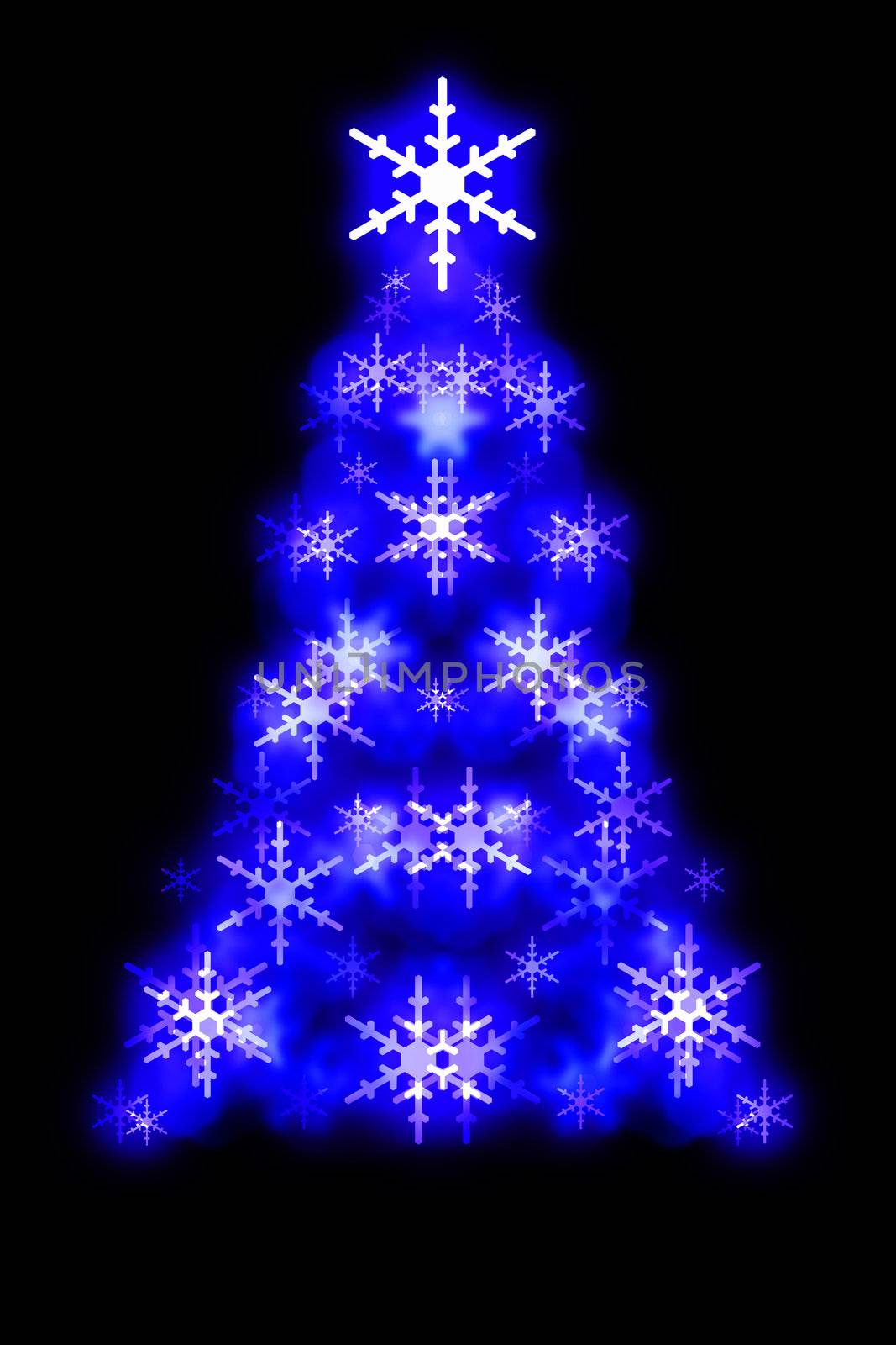 Symmetrical Christmas tree shape made up from glowing snowflake shapes