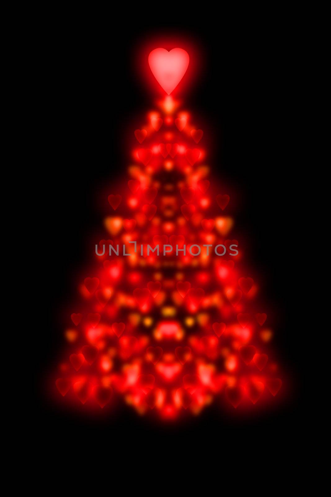 Red Christmas tree shape formed from glowing red hearts