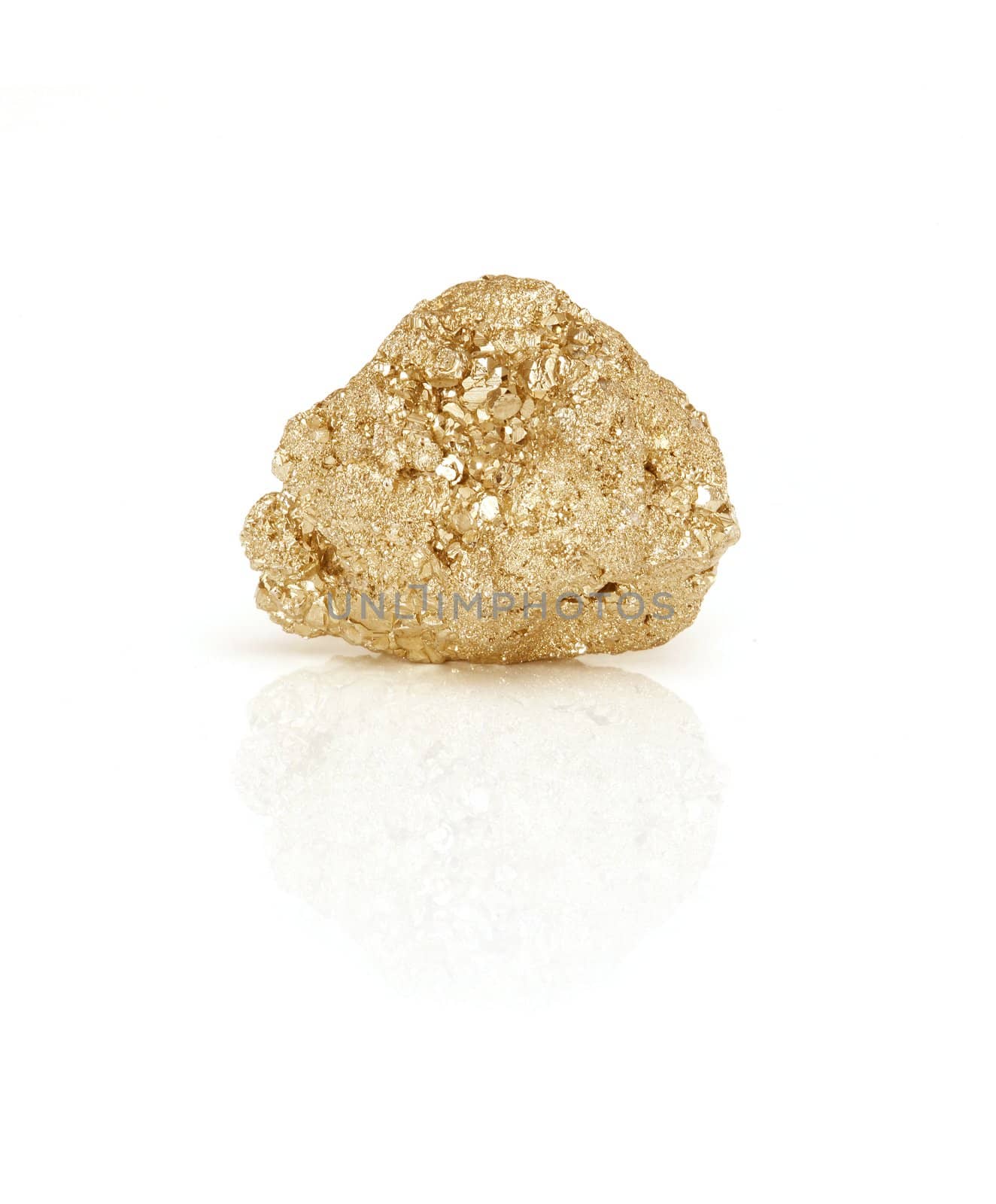 Large gold nugget isolated on white background with reflection