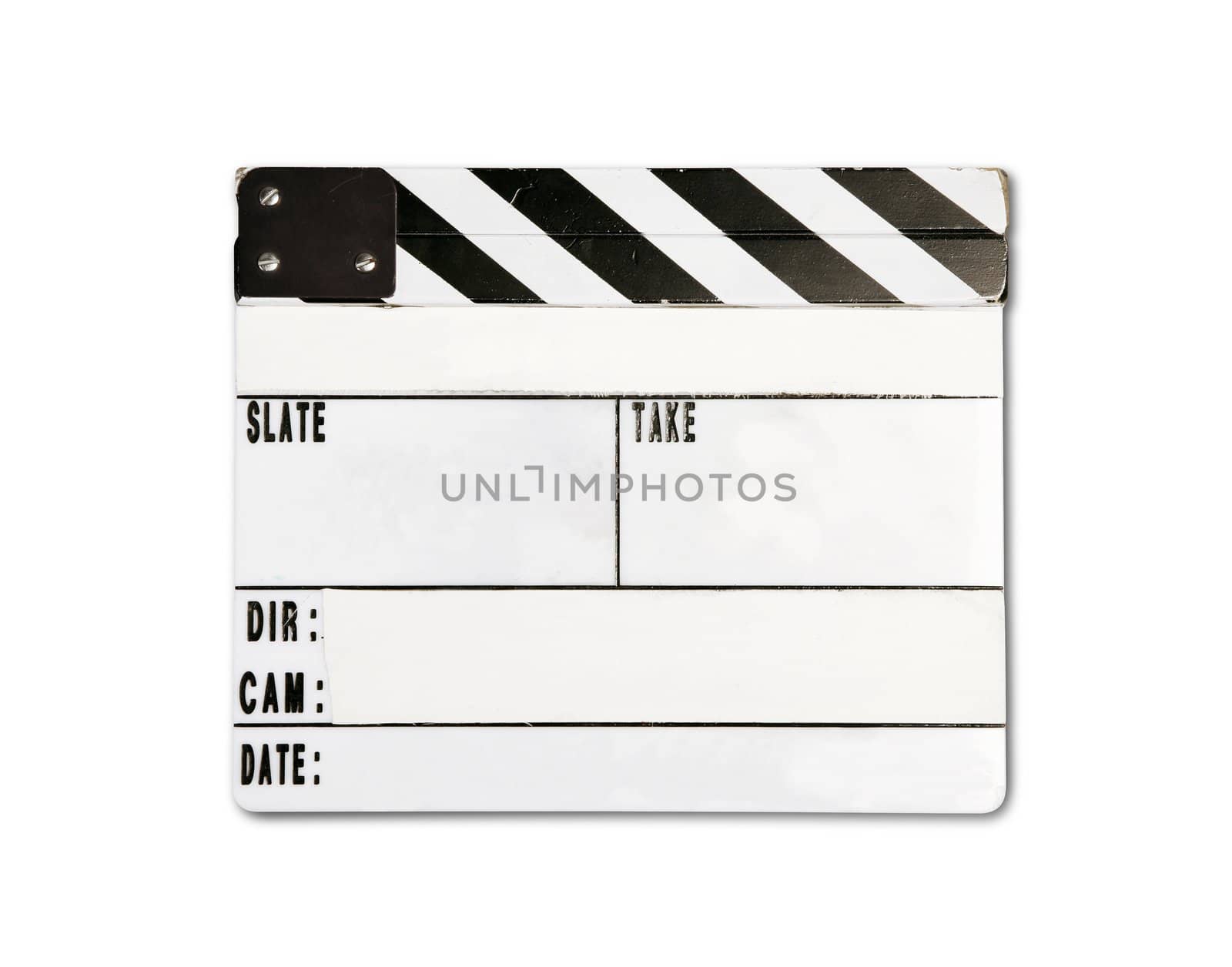 Real clap board with wear and tear isolated on white background