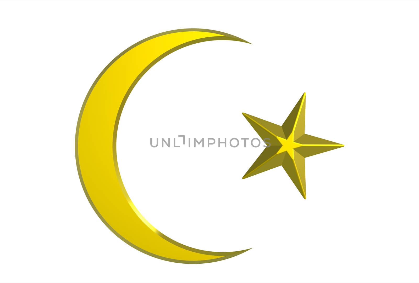 Golden crescent and star isolated on white