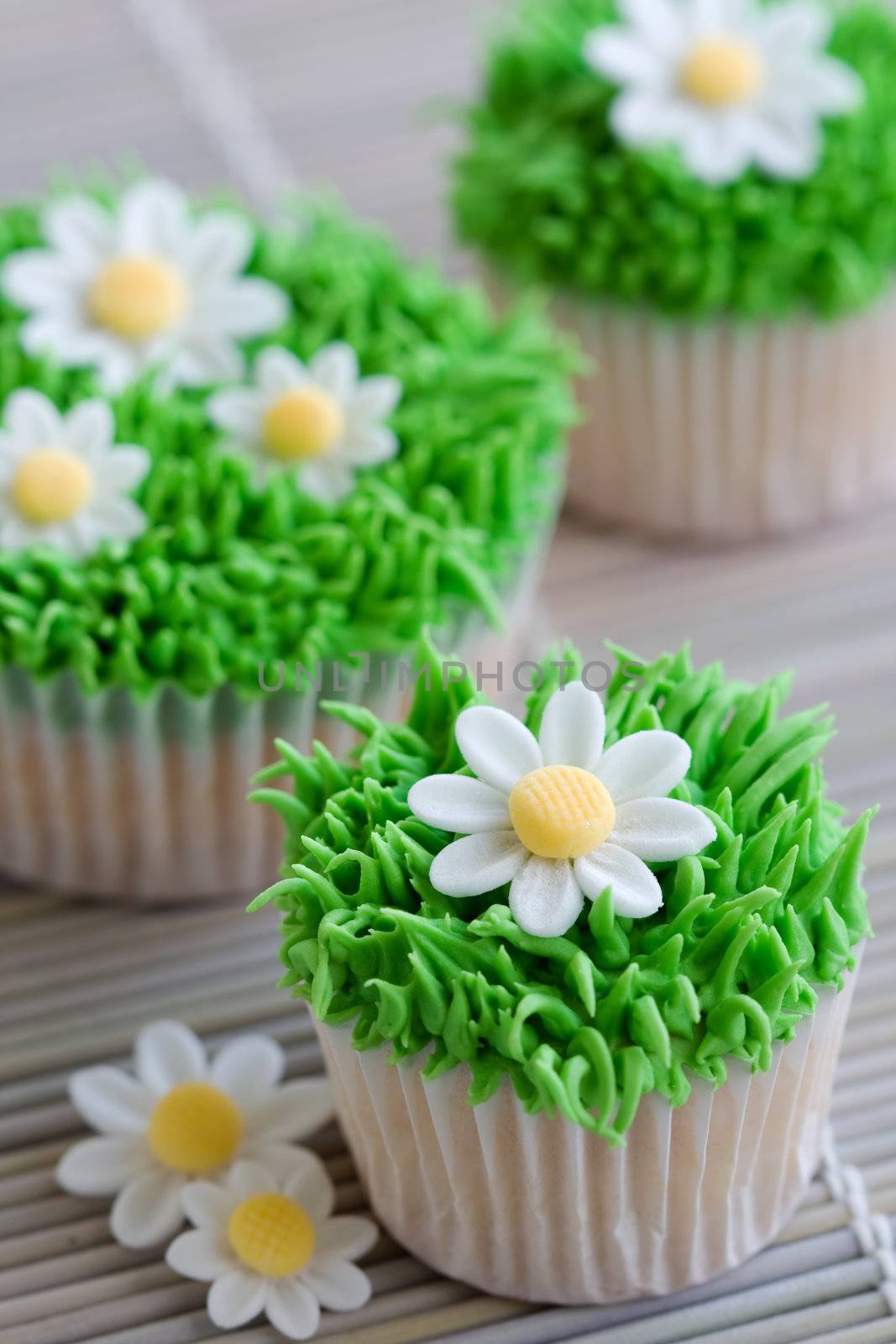 Cupcakes decorated with frosted grass and sugar daisies