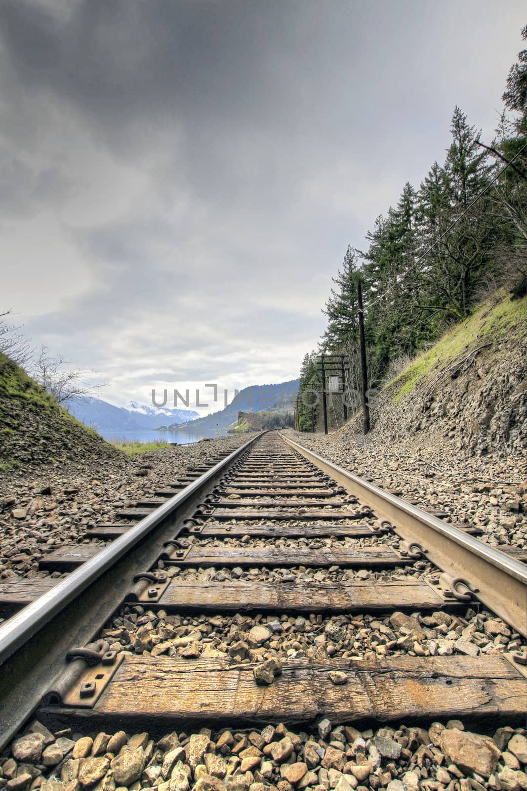 Train tracks on Columbia Gorge in Washington State