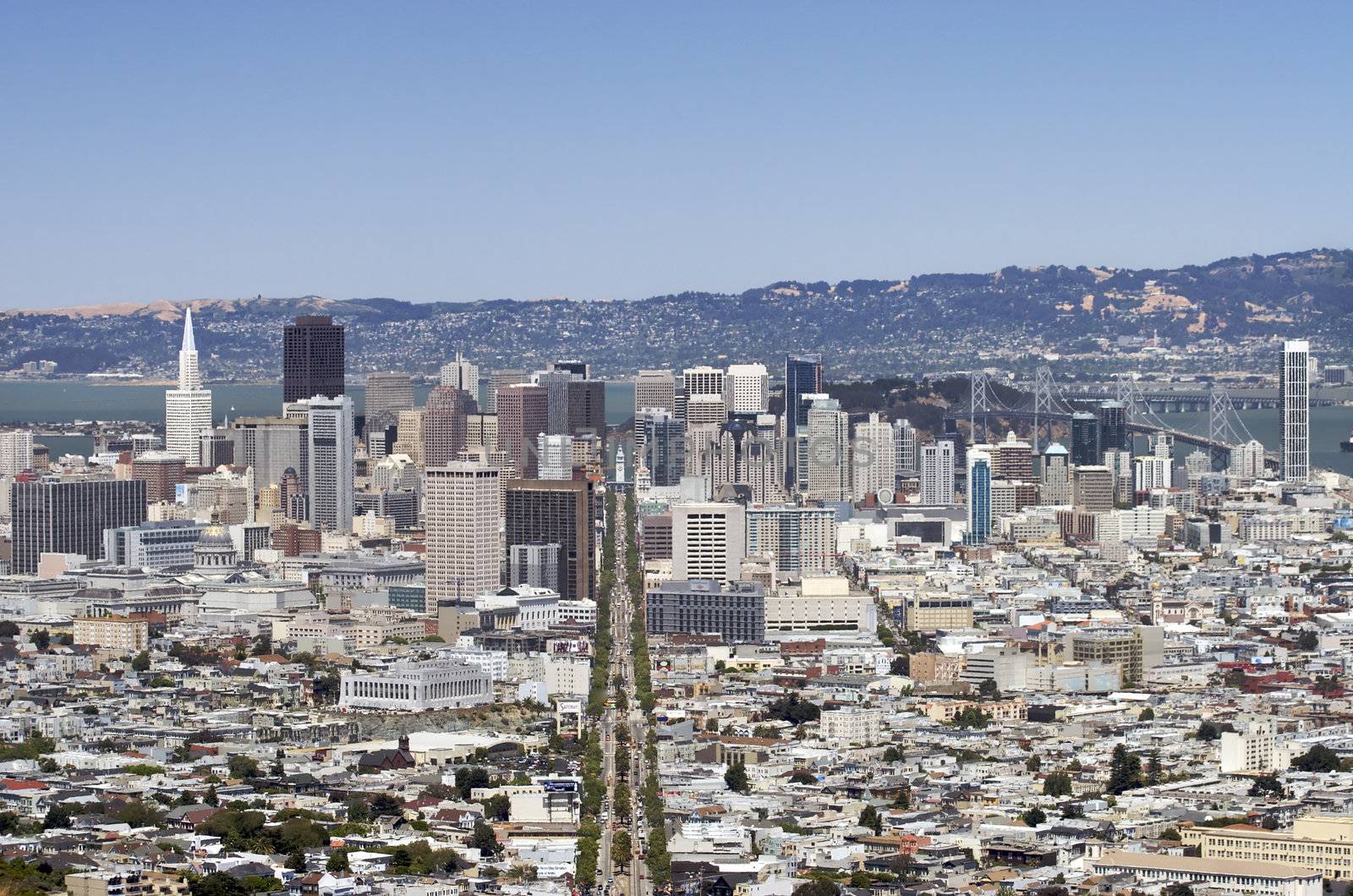 A shot of downtown San Francisco along Market Street taken from the top of Twin Peaks