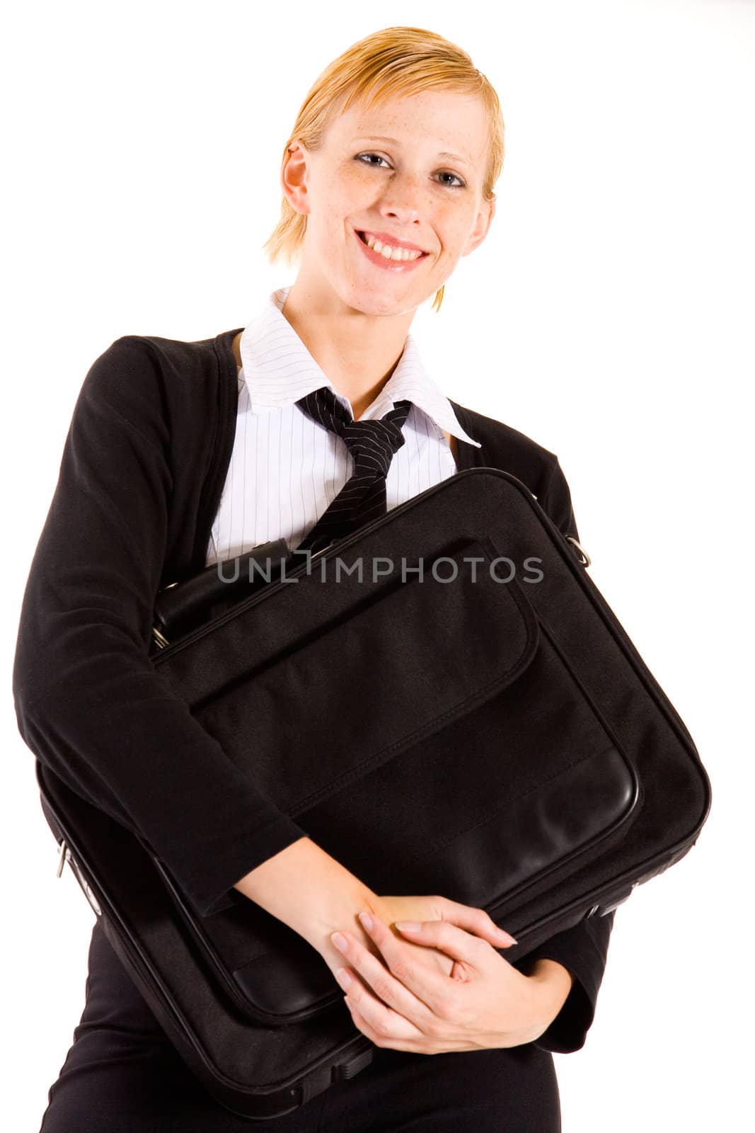 Friendly business woman with a laptop bag