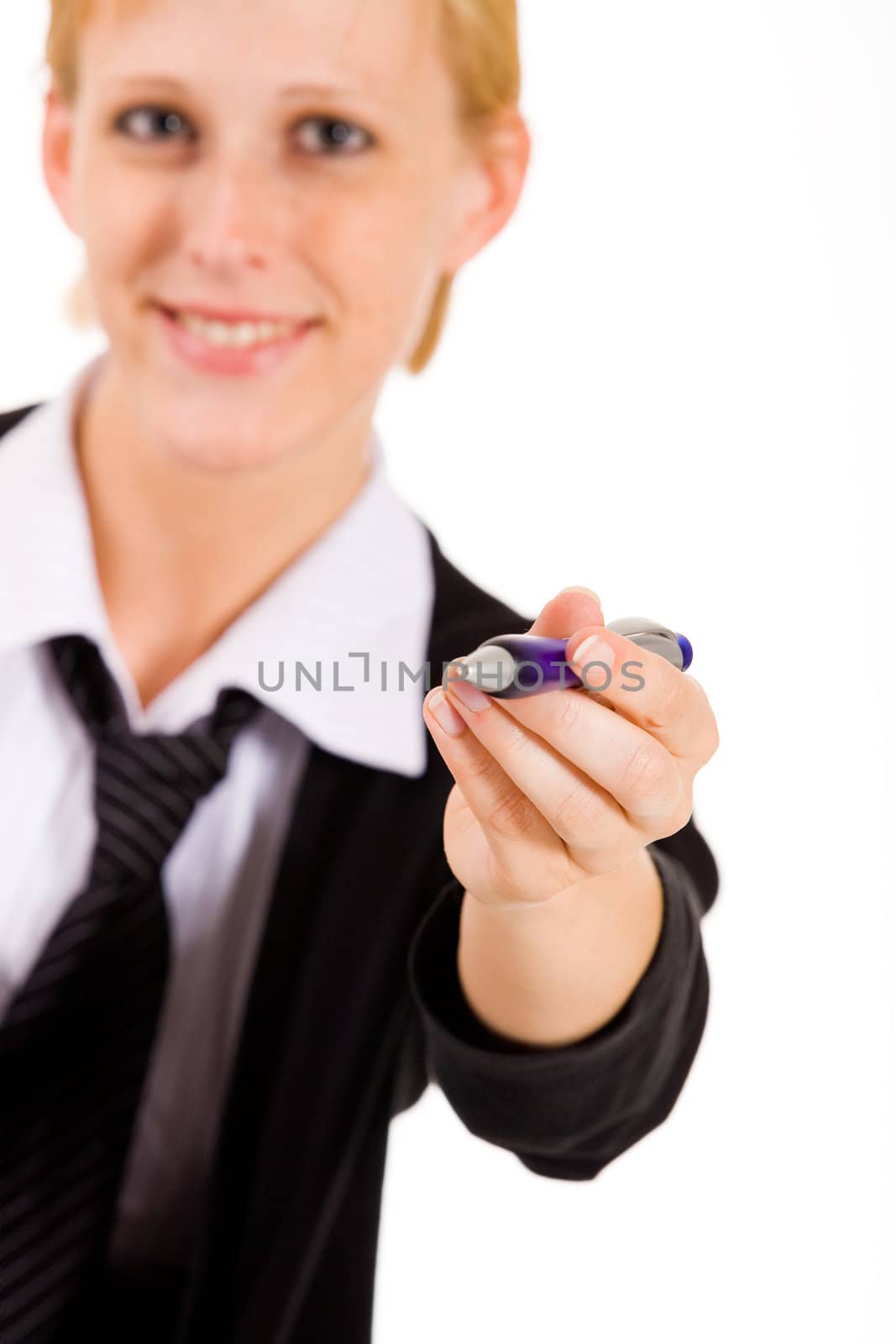Business woman with a blue pen. Focus is on the hand with the pen.