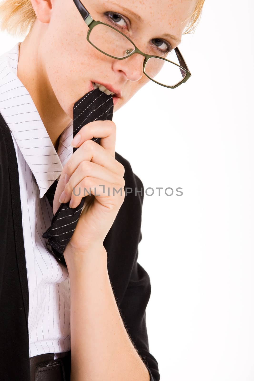 business woman with a pair of glasses eating her necktie