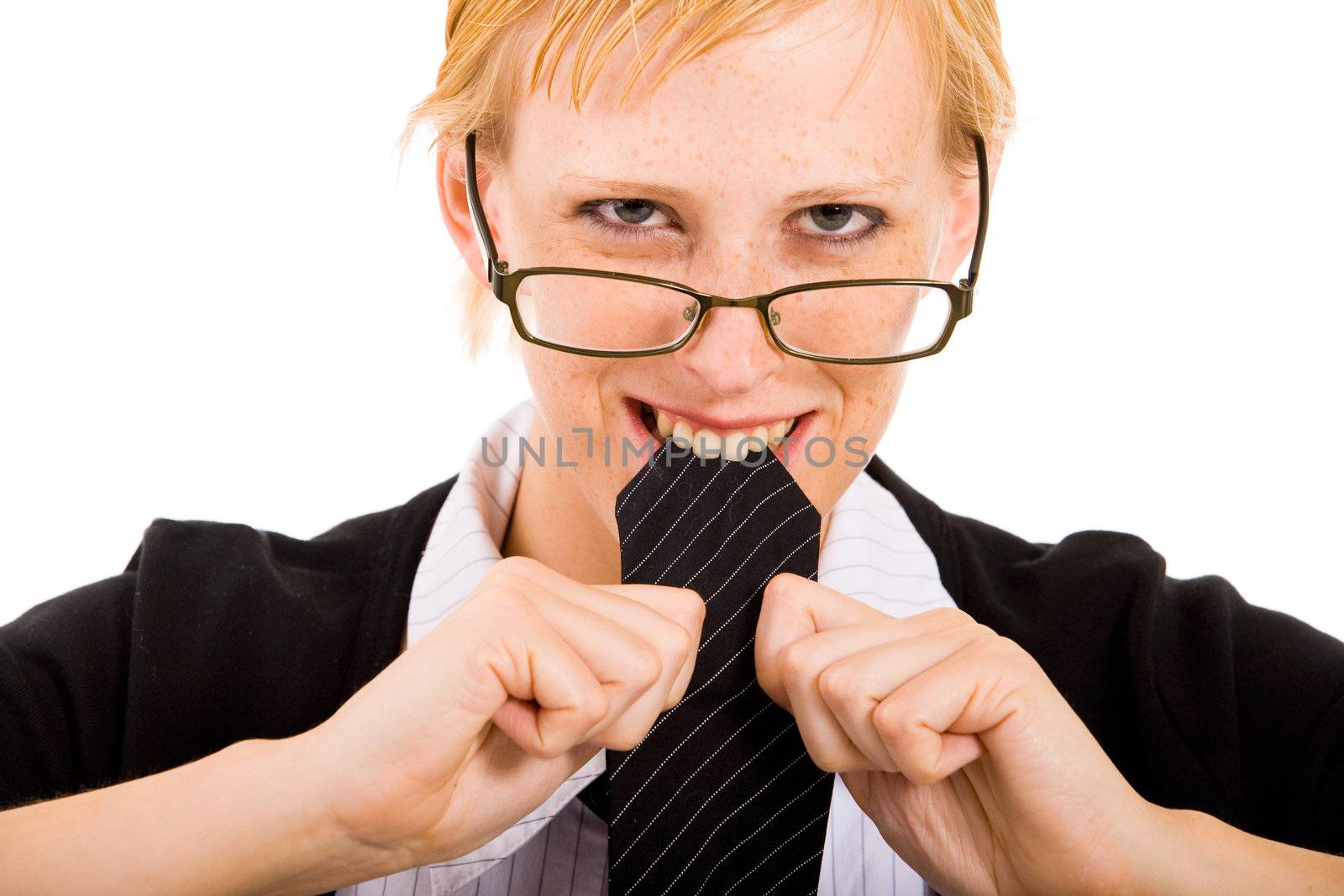 business woman with a pair of glasses eating her necktie