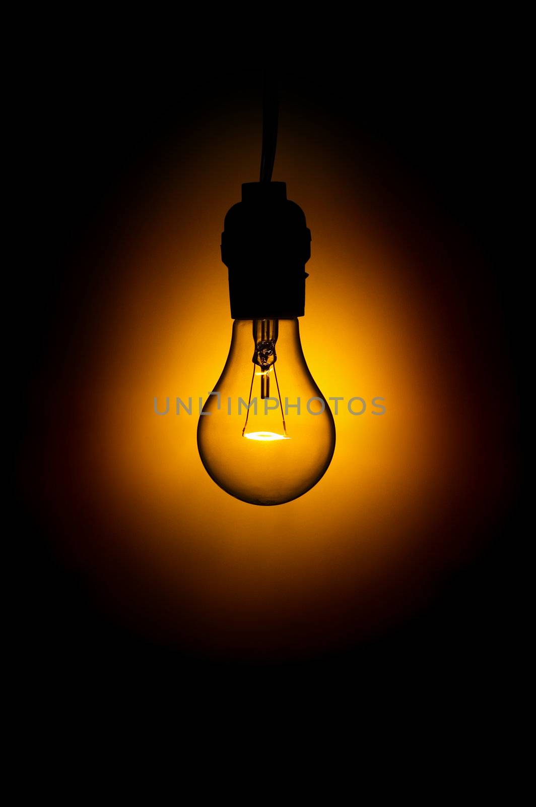 Glowing light bulb against black background.