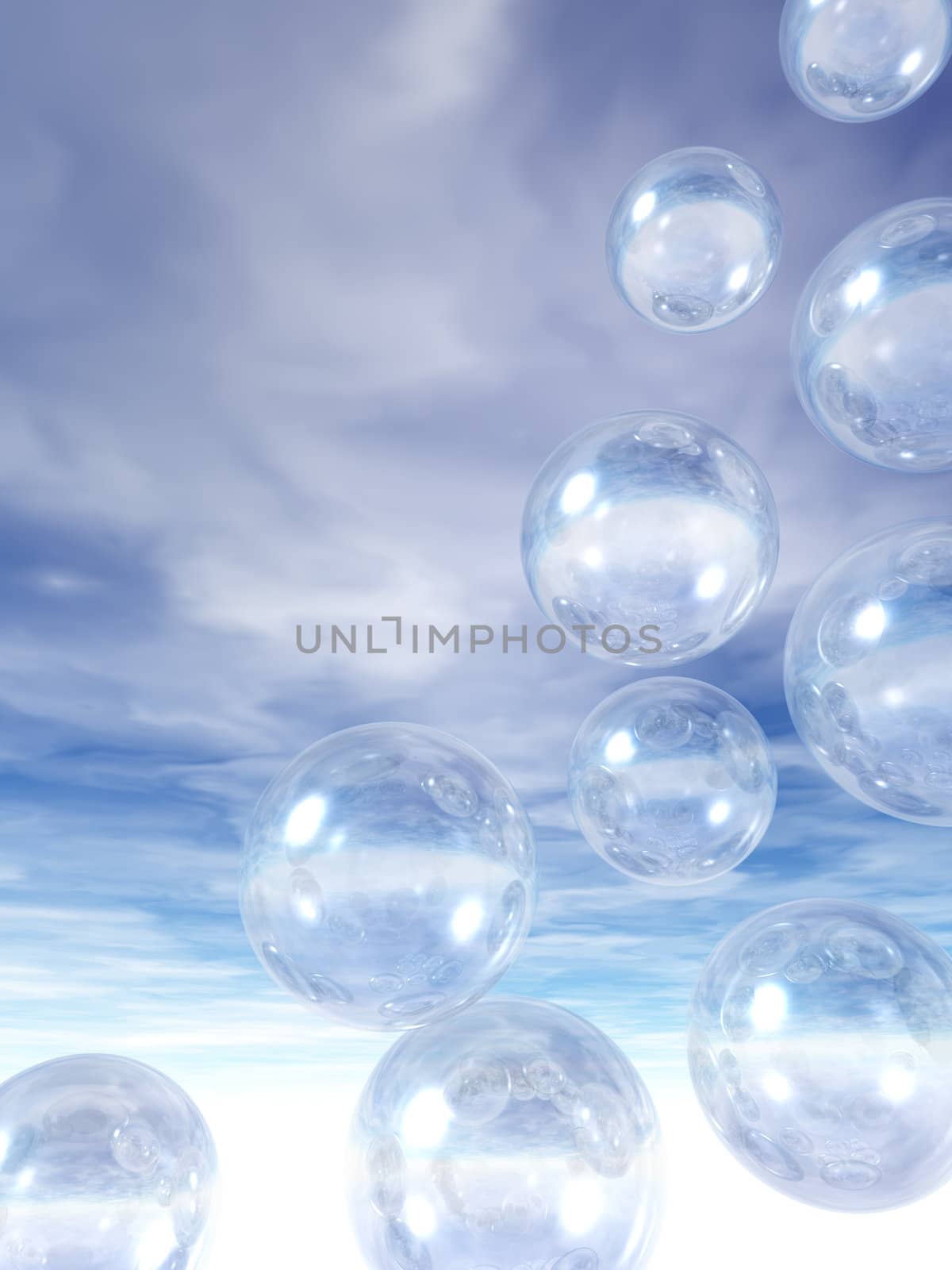 flying glass balls on a blue sky - 3d illustration