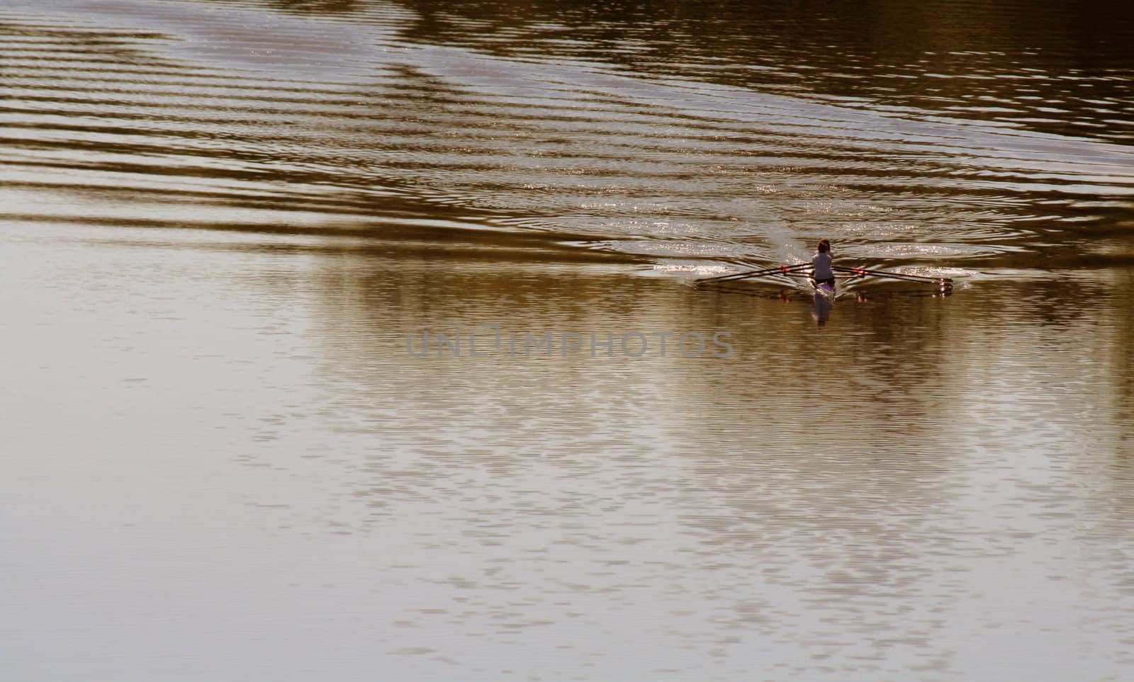A kayakers skimming across the river.