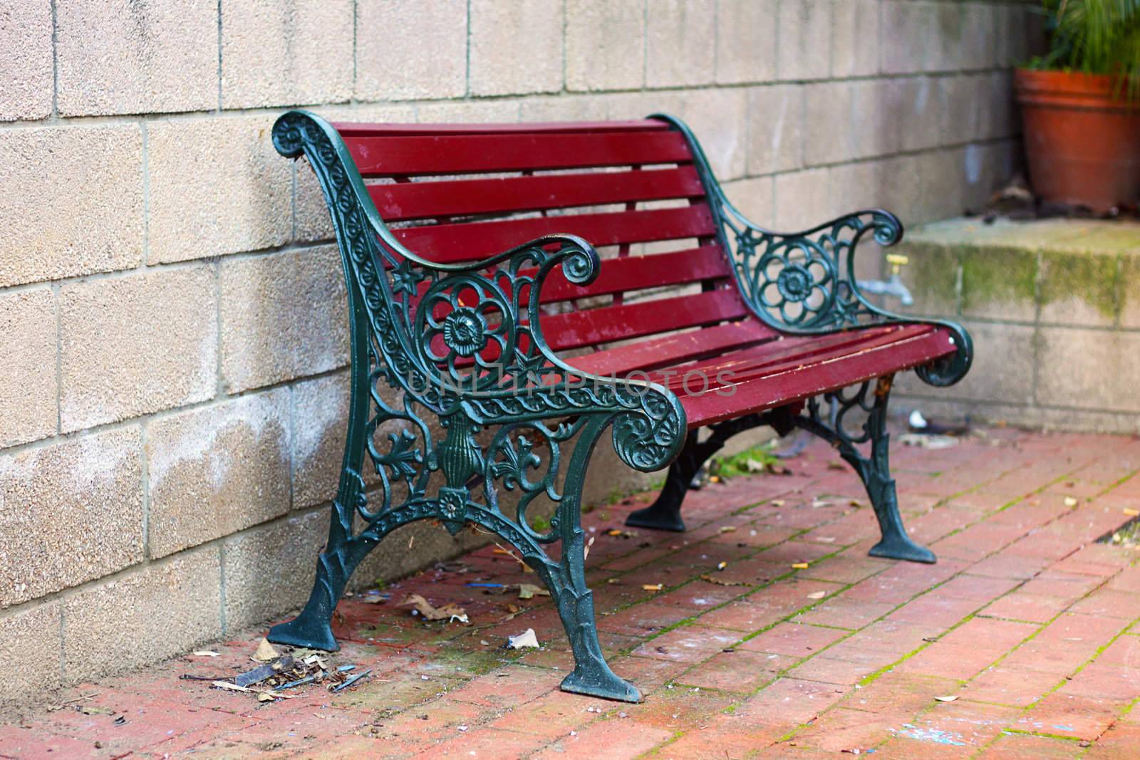 Iron and Wood Garden Bench painted Green and Red, with small dep by Cloudia