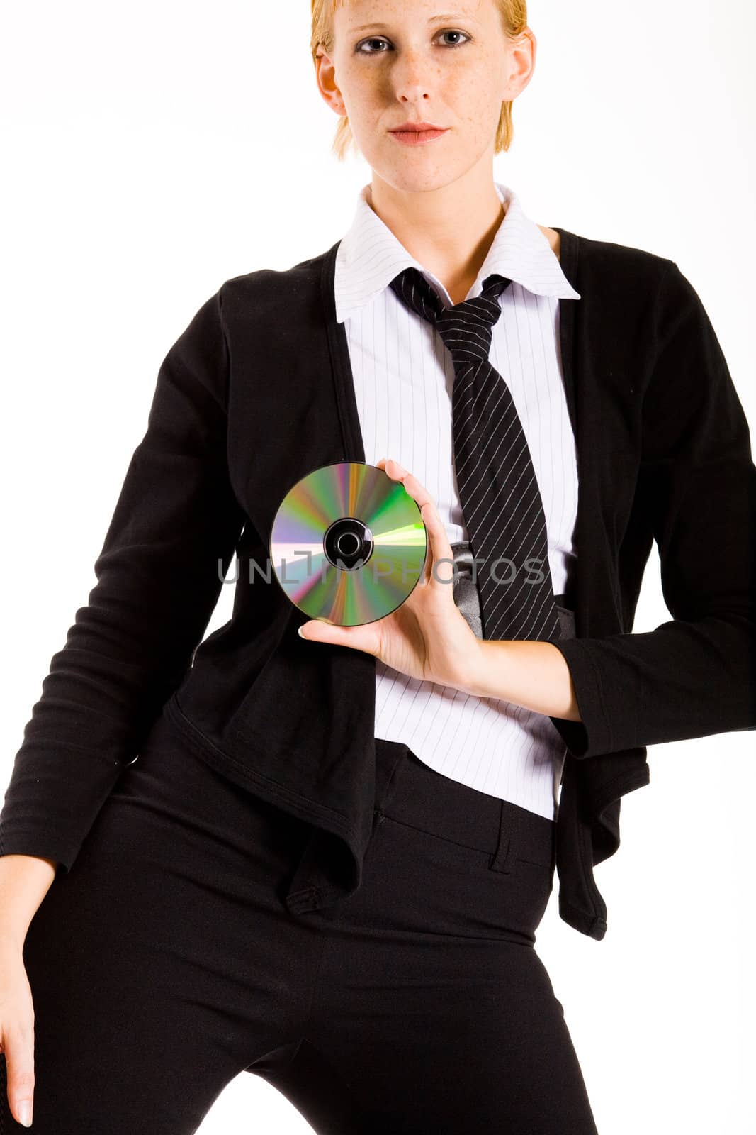 Friendly business woman presenting a compact disk. 