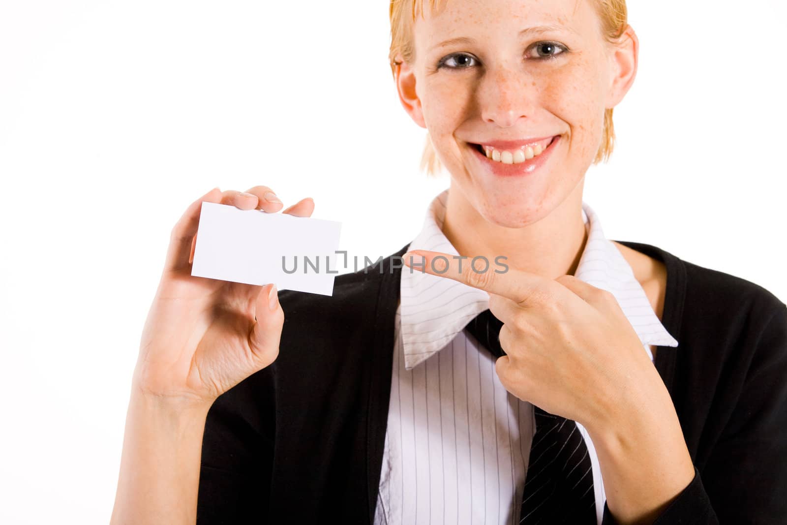 Business woman presenting her white card. Focus in on the hand with the empty white card.