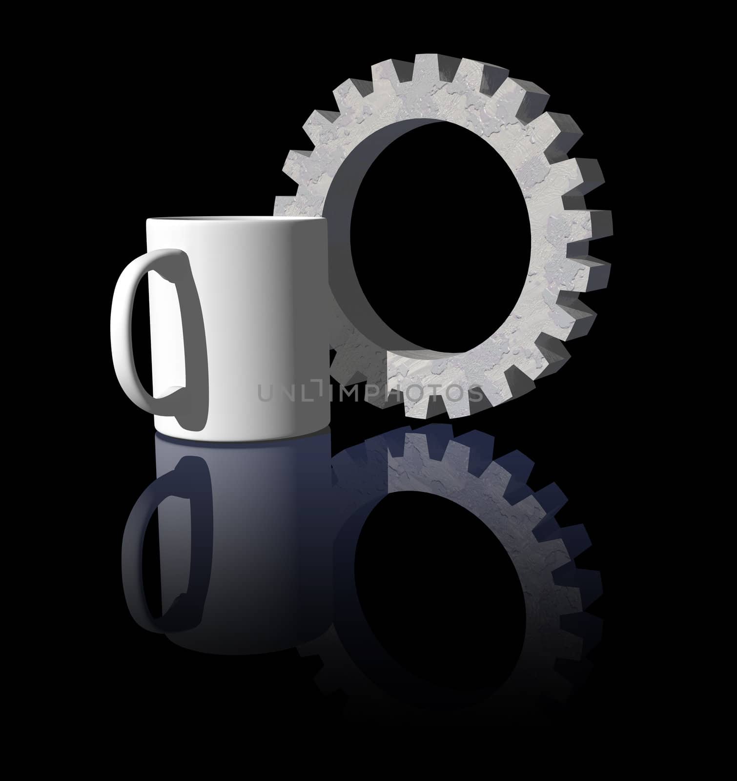 mug and gearwheel on black background - 3d illustration