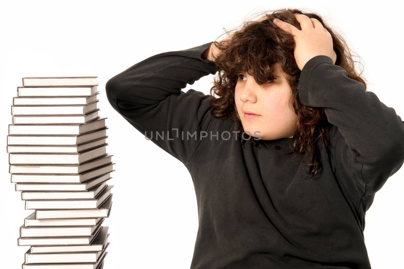 boy surprised and many books on white background
