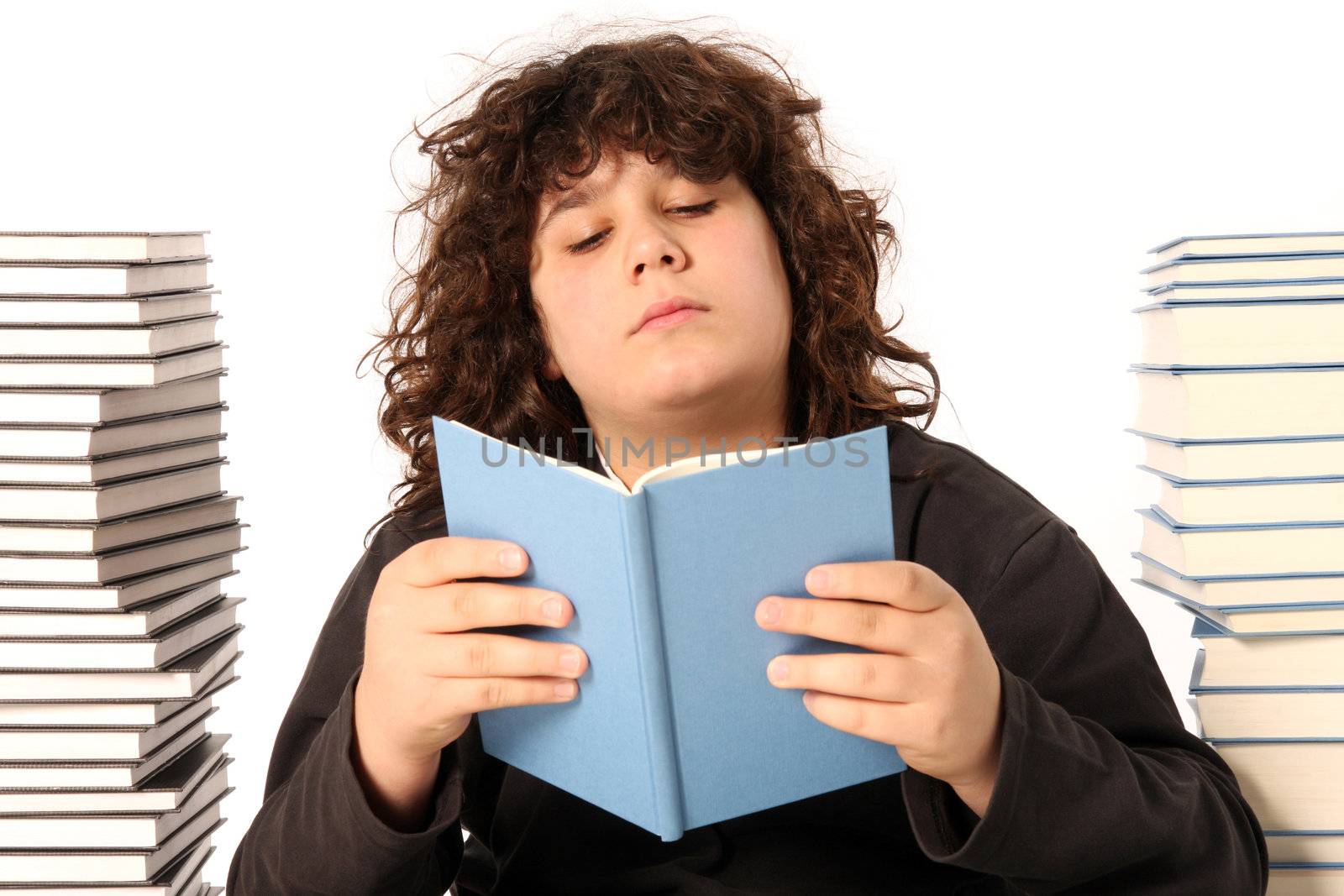 boy reading a book and many books on white background