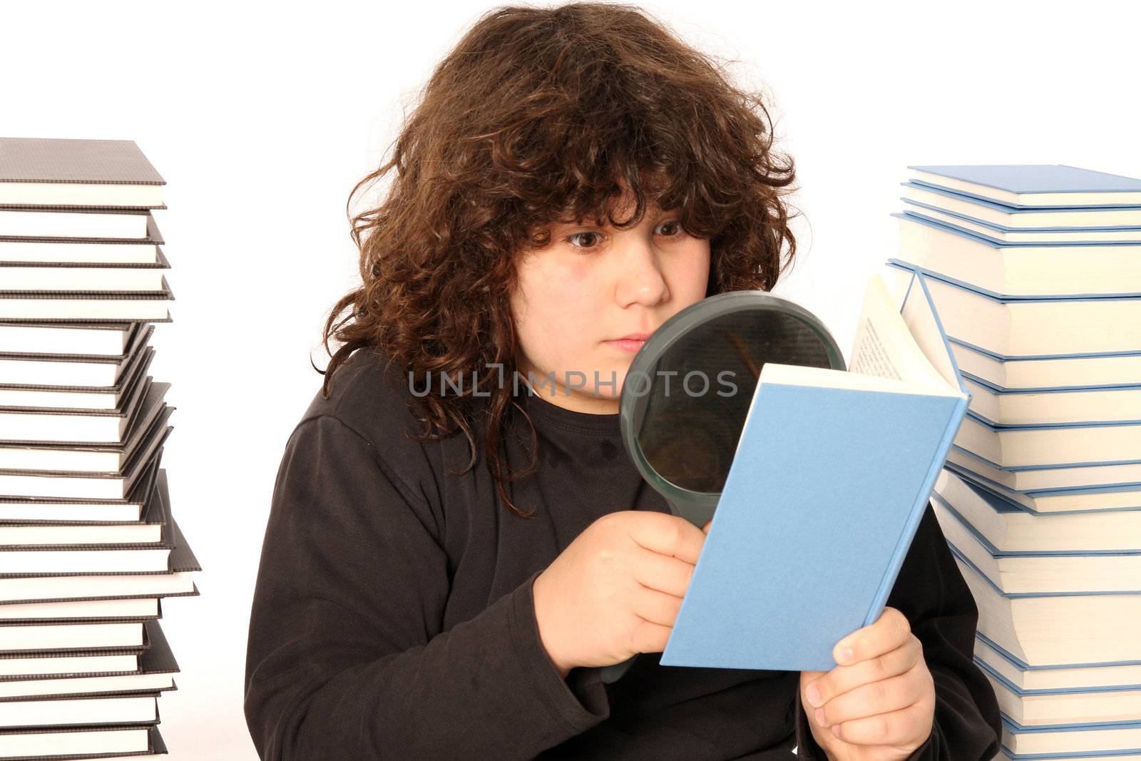 boy reading a book with lens on white background