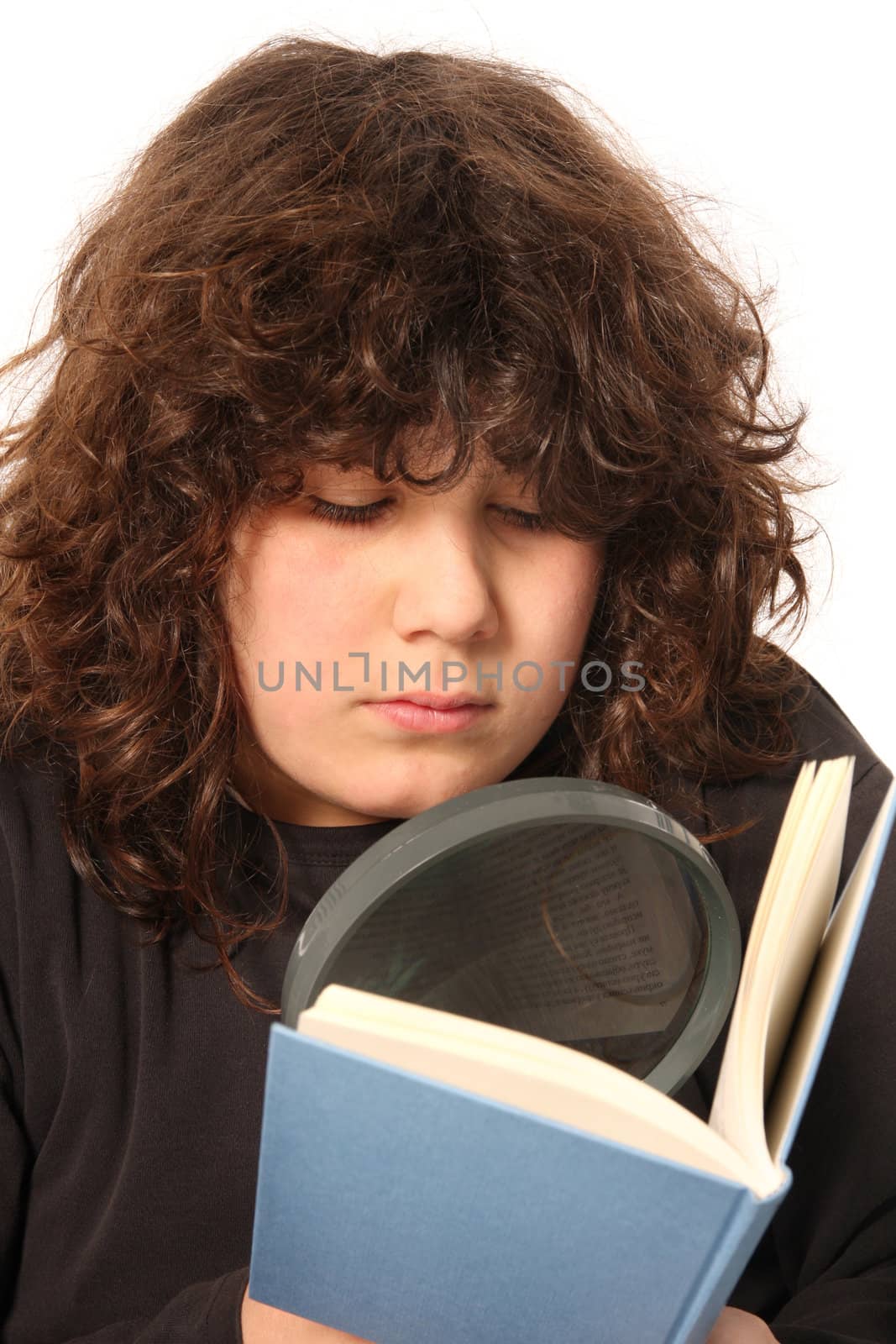 boy reading a book with lens on white background