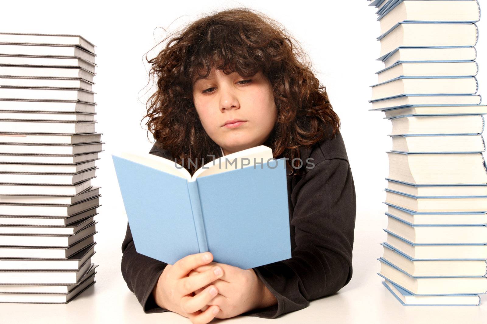 boy reading a book and many books on white background