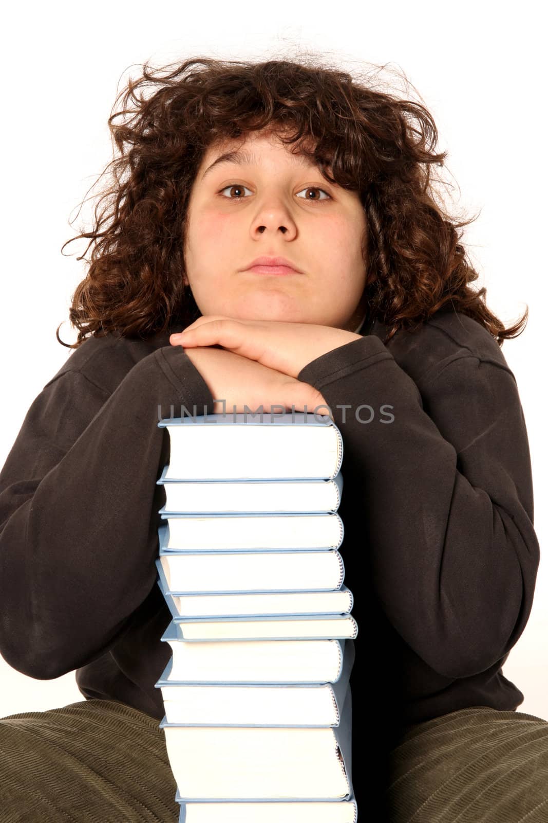 boy and many books on white background